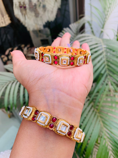 Matte Gold Kundan and Kempstone Bangles