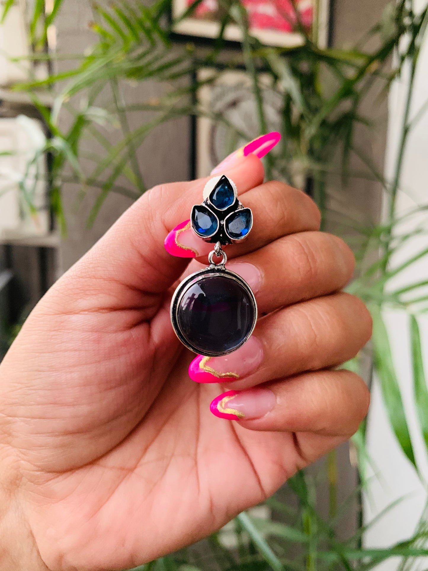 Leaf Stud with Round Stone Drop Earrings