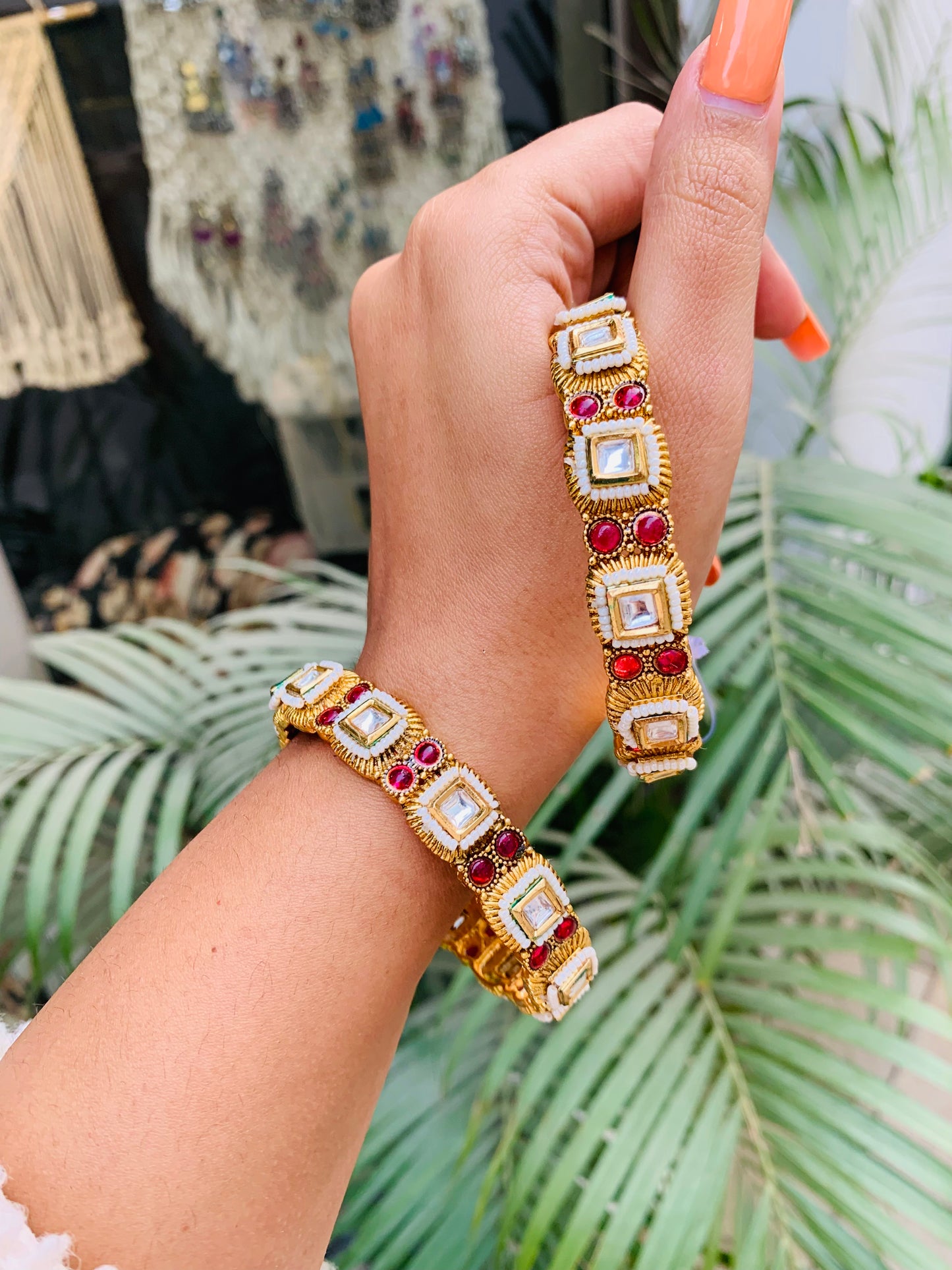 Matte Gold Kundan and Kempstone Bangles