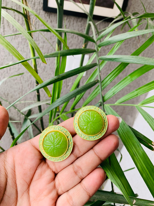Green Leaf Carved Stud Earrings