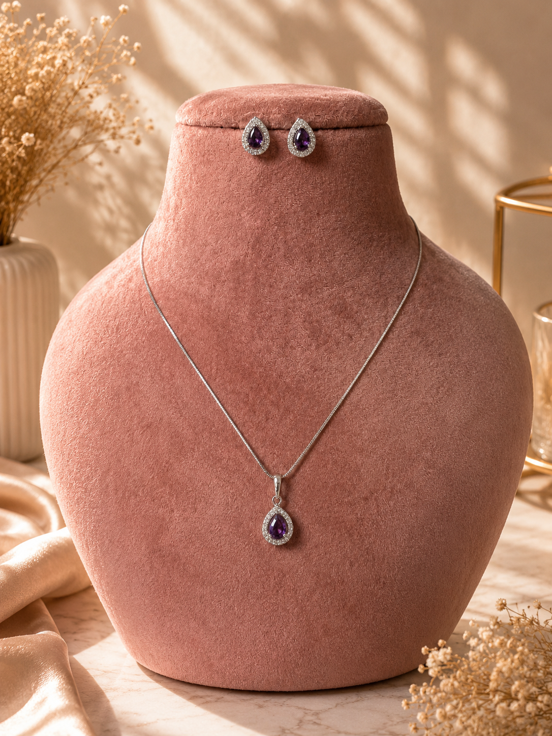 Purple AD Teardrop Necklace & Earrings Set