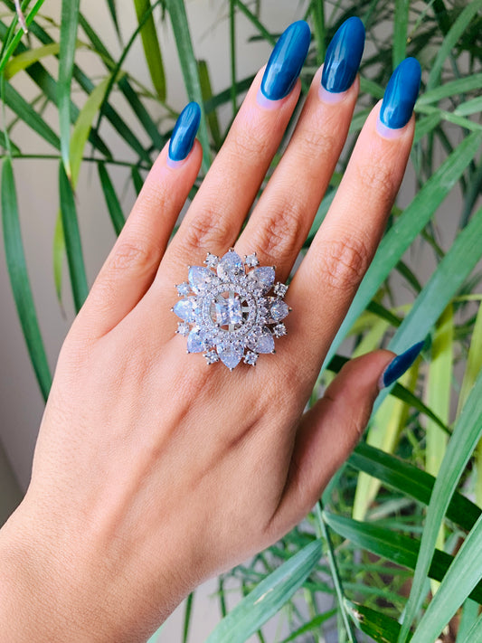 Big AD Crystal Flower Shaped Ring