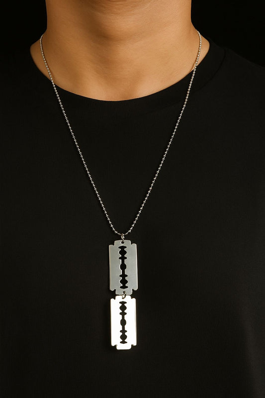 Double Blade Pendant Necklace – Silver Steel Statement