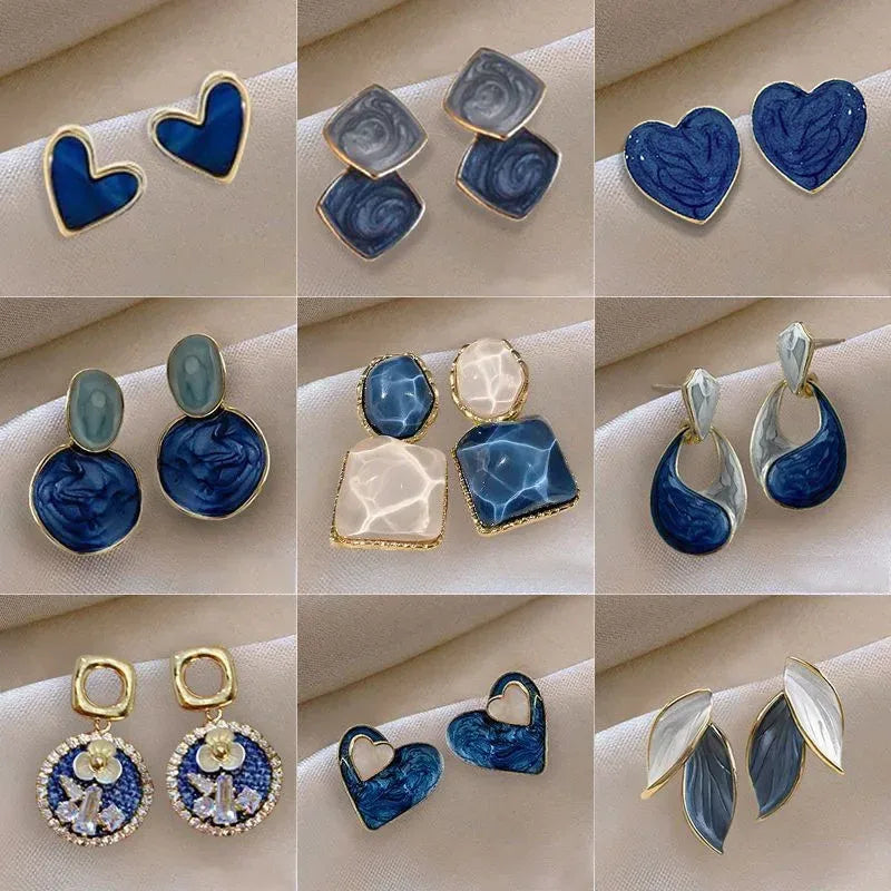 Anti Tarnish Blue Irregular Round Oil Drop Earrings