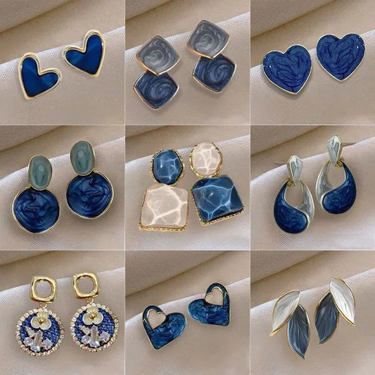 Anti Tarnish Blue Irregular Round Oil Drop Earrings
