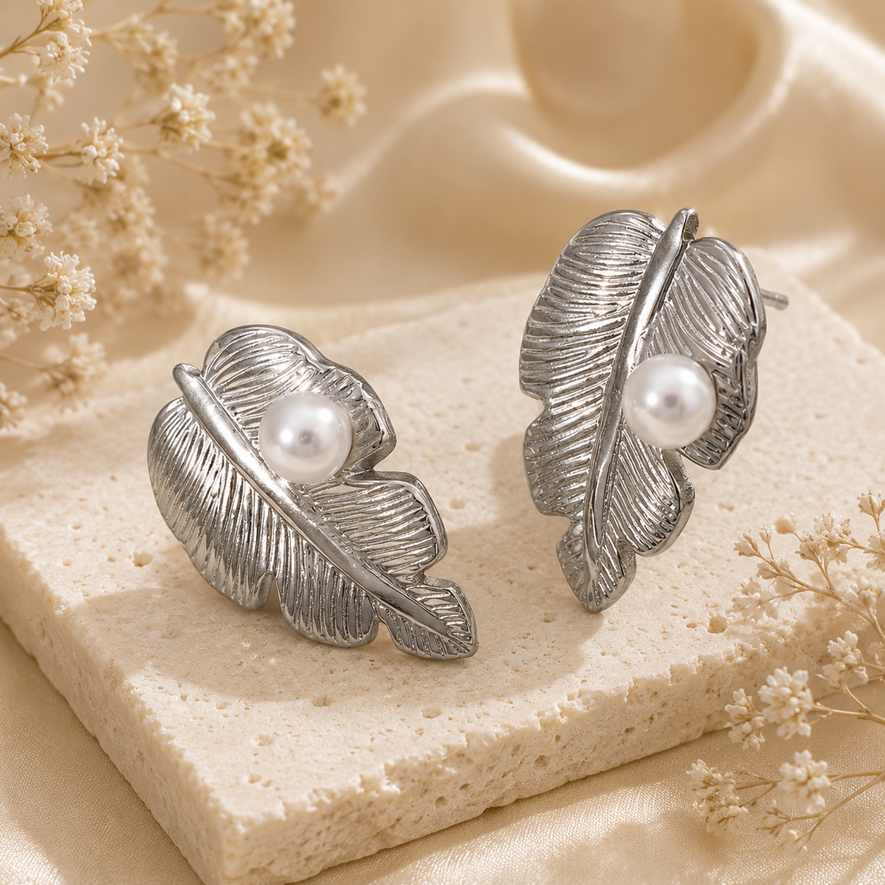 Silver Leaf Pearl Stud Earrings