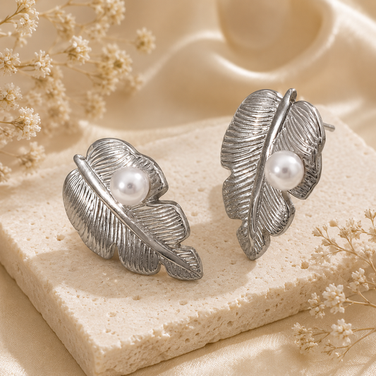 Silver Leaf Pearl Stud Earrings