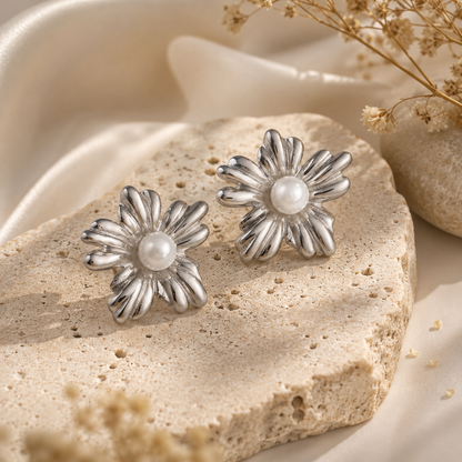 Silver Flower Pearl Stud Earrings