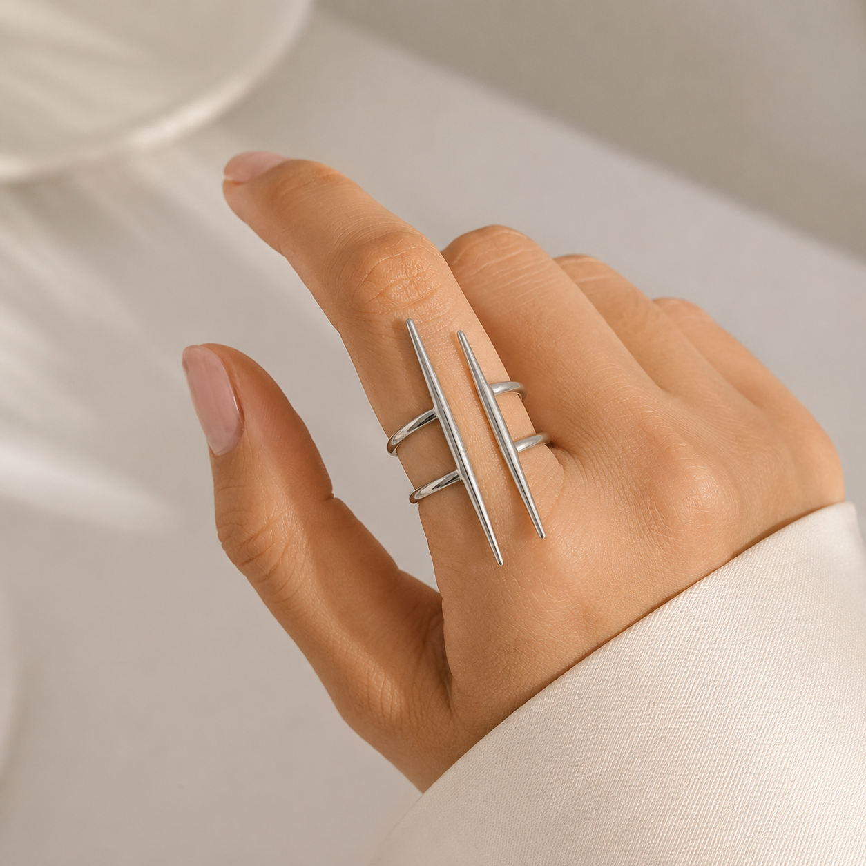 Anti Tarnish Silver Dual Spike Ring