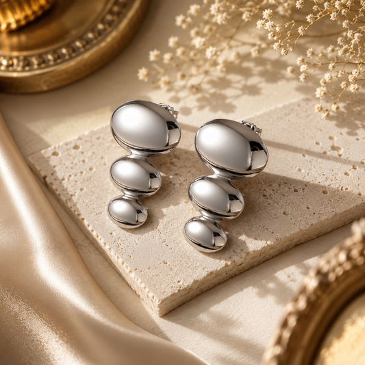 Anti Tarnish Silver Pebble Stud Earrings