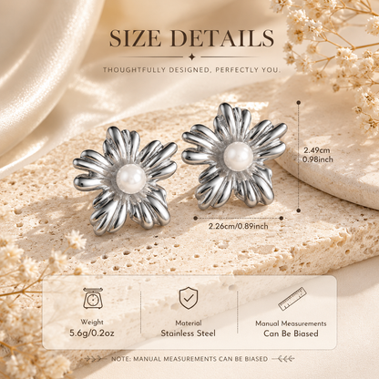 Silver Flower Pearl Stud Earrings