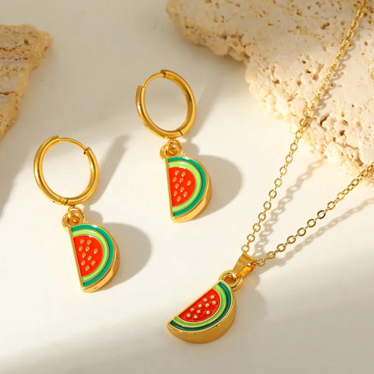 Anti Tarnish Watermelon Necklace & Earrings Set