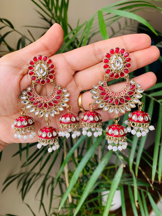 Traditional Earrings With Three Jhumka Drops