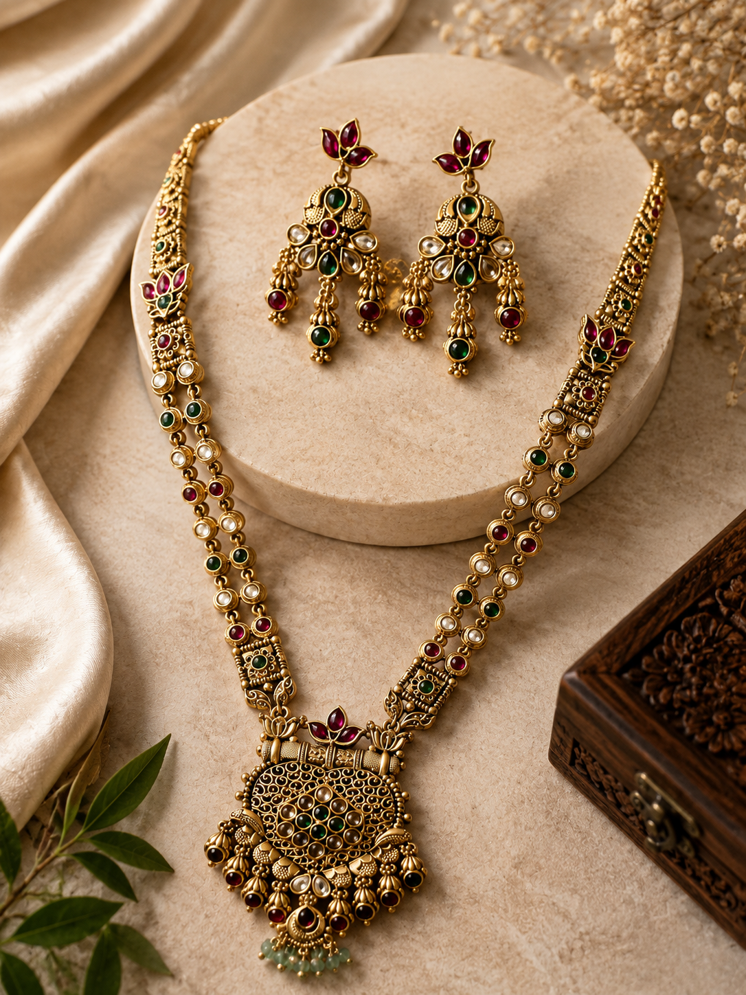 Vintage Filigree Temple Pendant Necklace Set