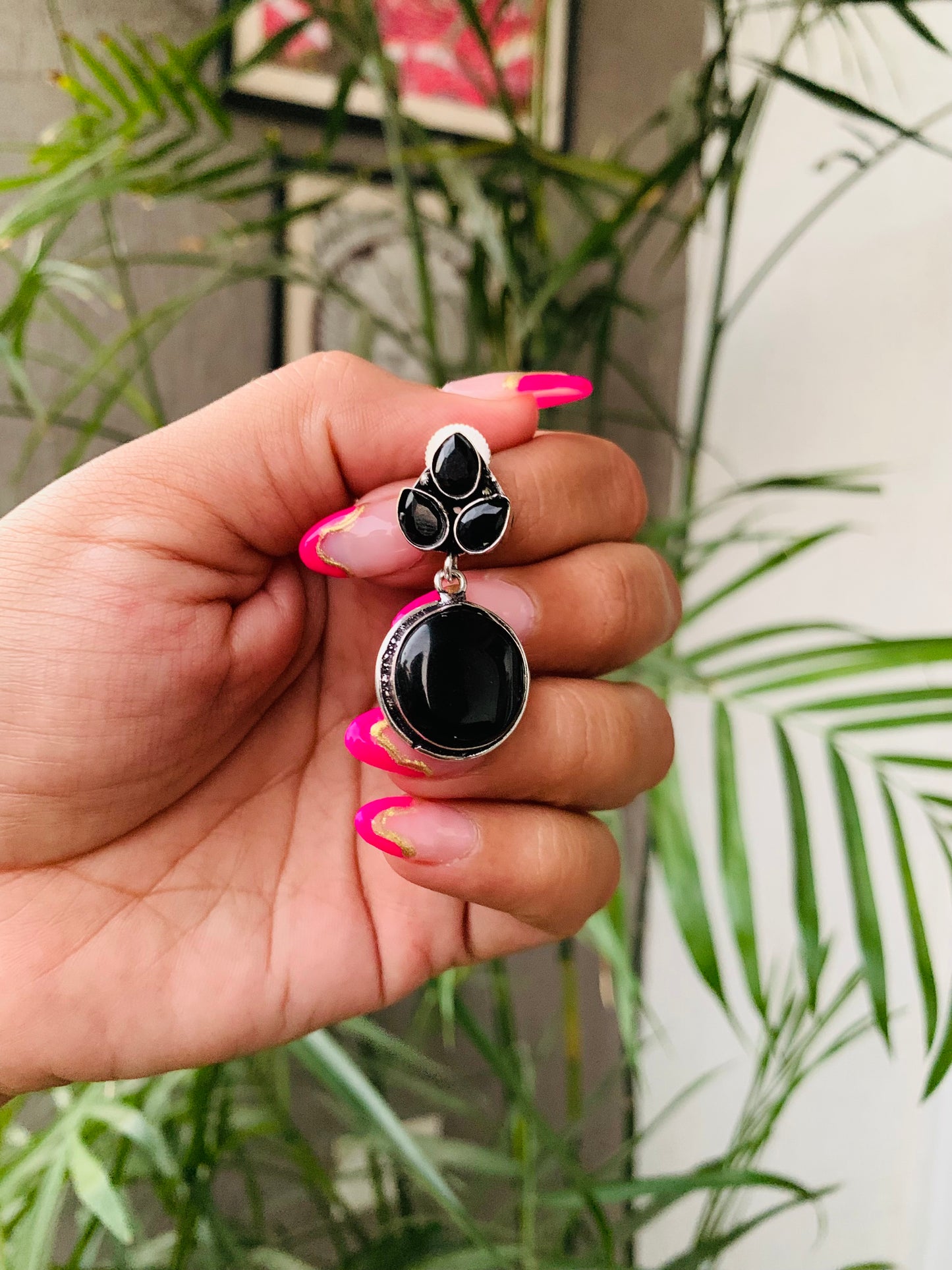 Leaf Stud with Round Stone Drop Earrings