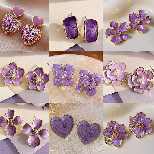 French Vintage Purple Pearl Stud Earrings Elegant Floral Design Alloy Jewelry Accessories For Women Ins Style
