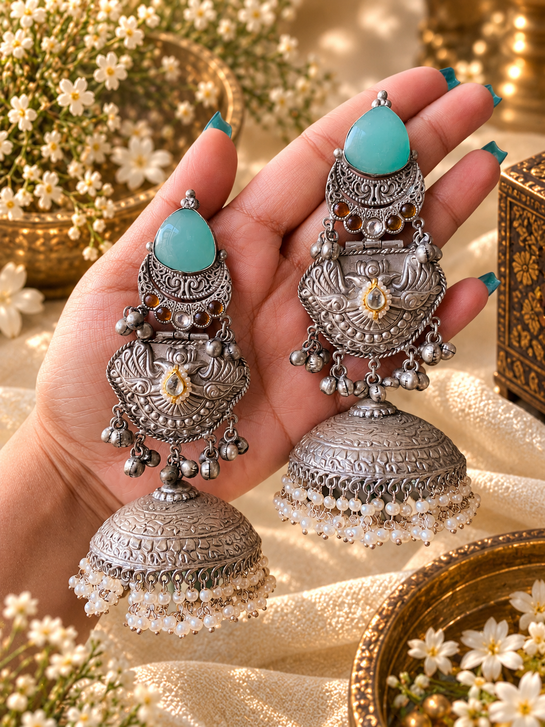 Mint Green Jaipuri Jhumka Earrings