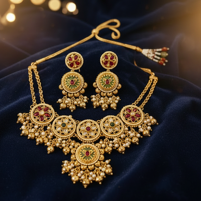 Traditional Gold-Toned Stone Necklace Set with Earrings | Ethnic Wedding Jewellery