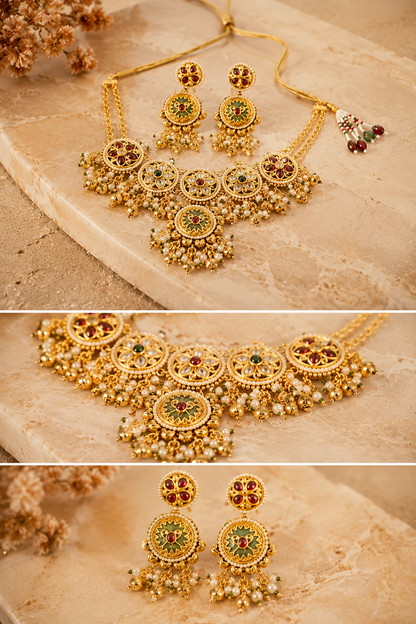Traditional Gold-Toned Stone Necklace Set with Earrings | Ethnic Wedding Jewellery