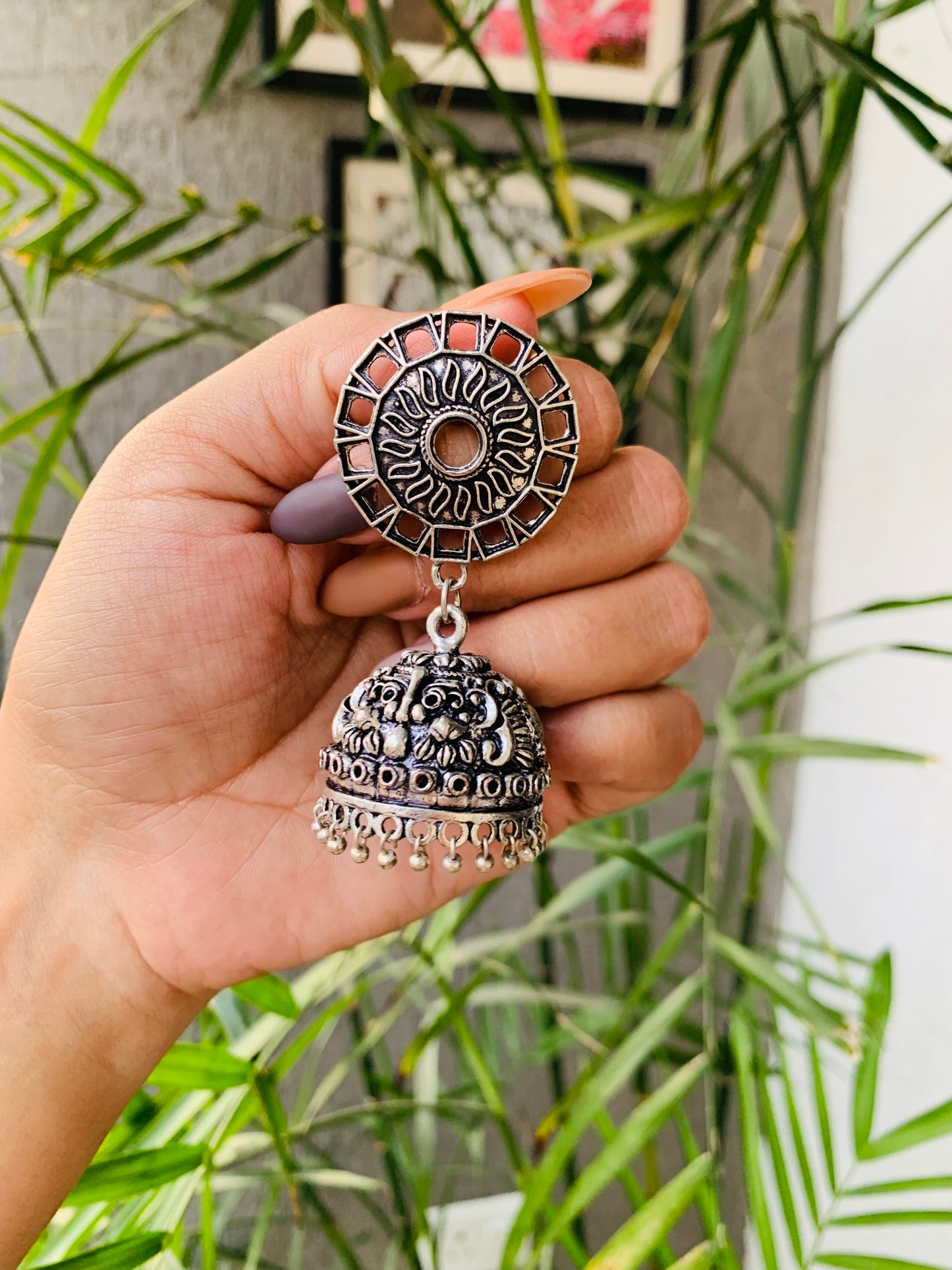 Big Round Stud Carved Jhumka