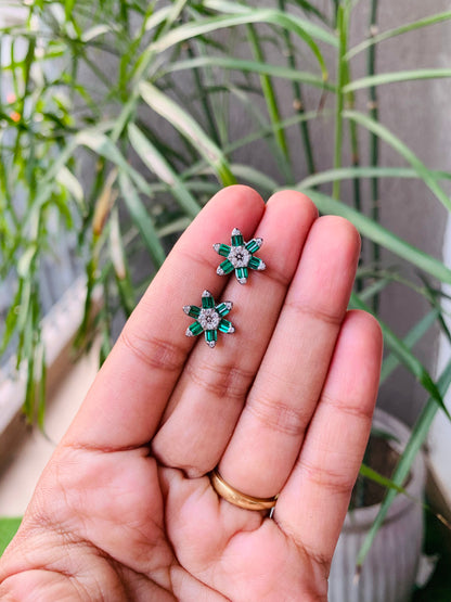 925 Sterling Silver Emerald Flower Studs