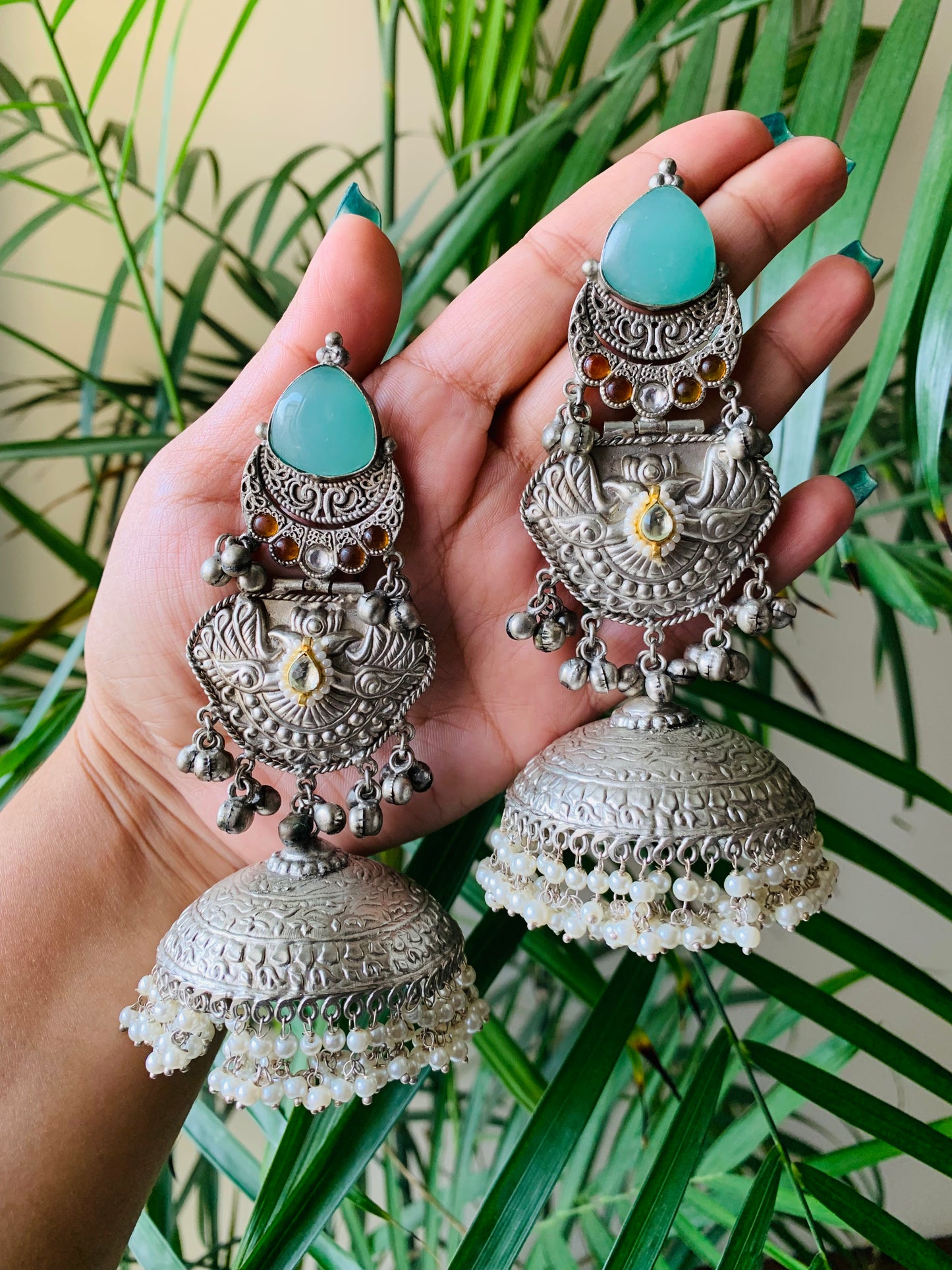 Mint Green Stone Jumbo Jaipuri Jhumka