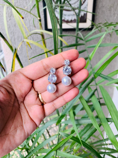 Double Diamond Pearl Drop Studs