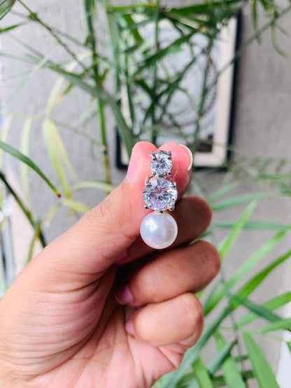 Double Diamond Pearl Drop Studs
