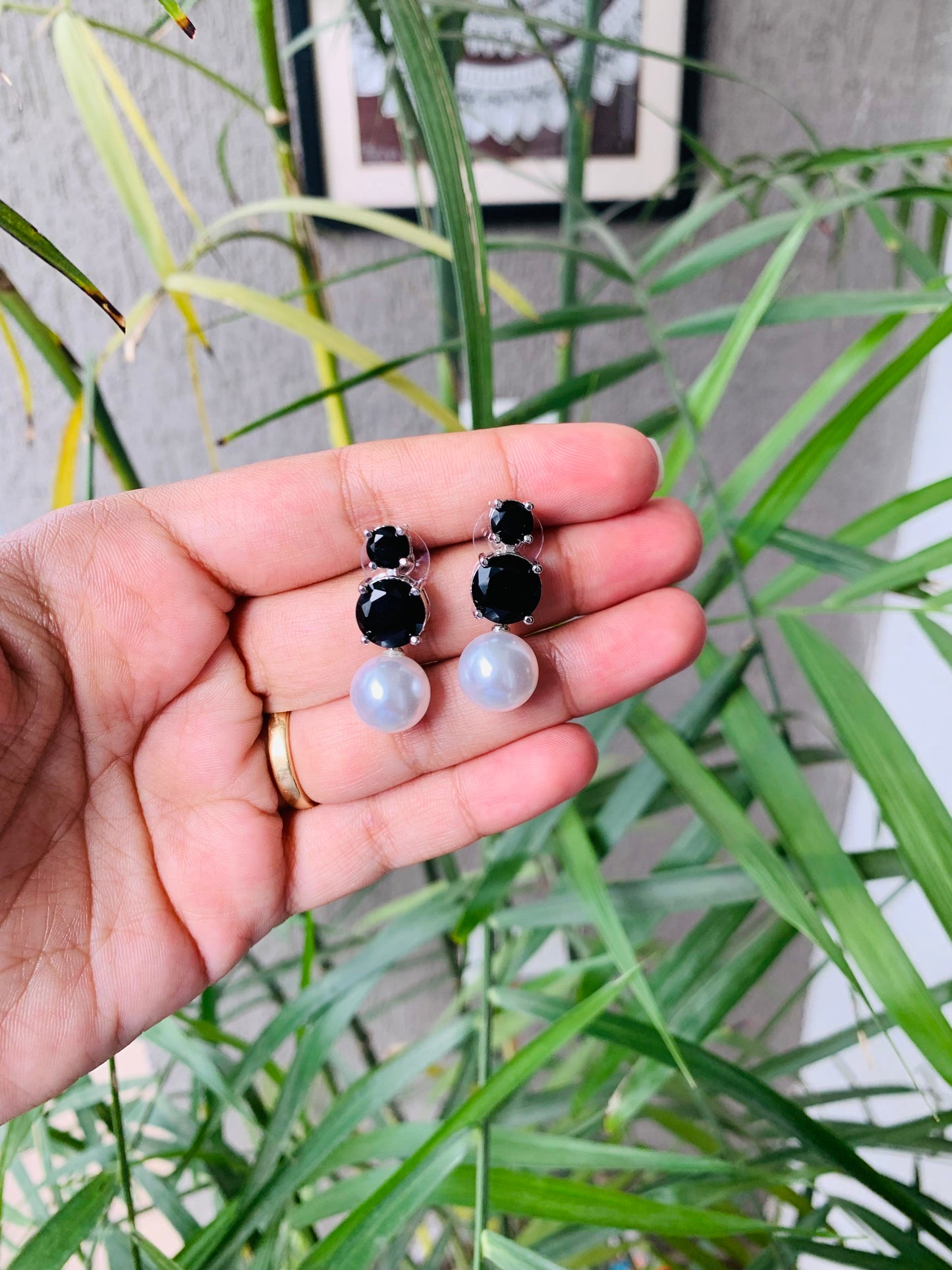 Double Diamond Pearl Drop Studs