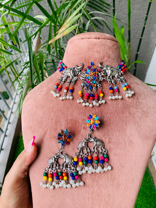Elephant Multicolor Choker With Earrings