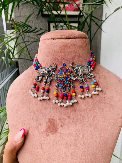 Elephant Multicolor Choker With Earrings