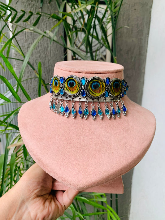 Peacock Feather Choker Set with Ring & Earrings