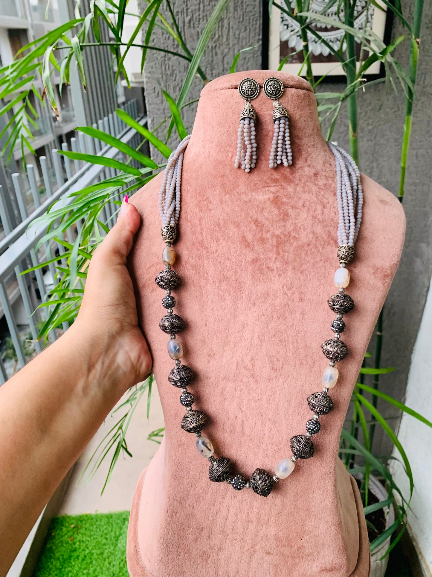 Stone Beads Oxidized Necklace with Earrings
