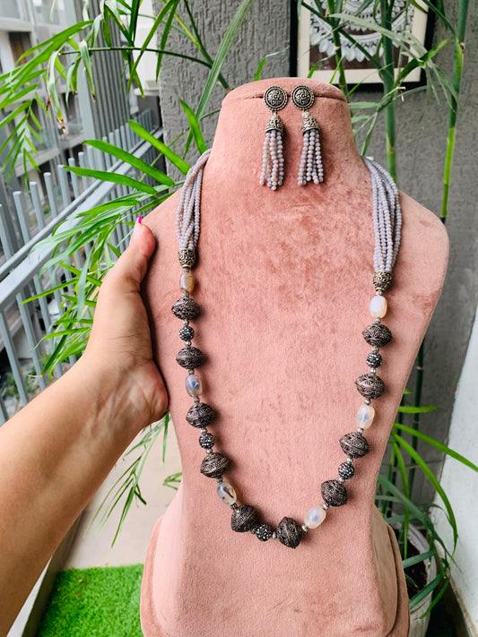 Stone Beads Oxidized Necklace with Earrings