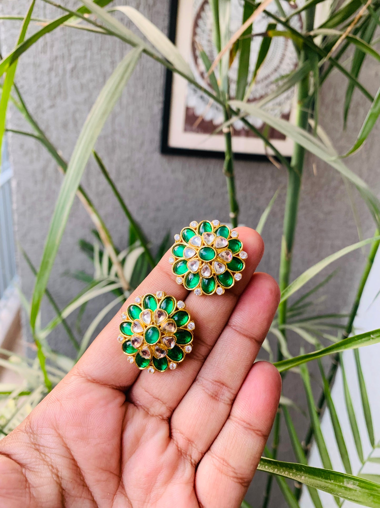 Gold Polish Emerald Green Flower Stud