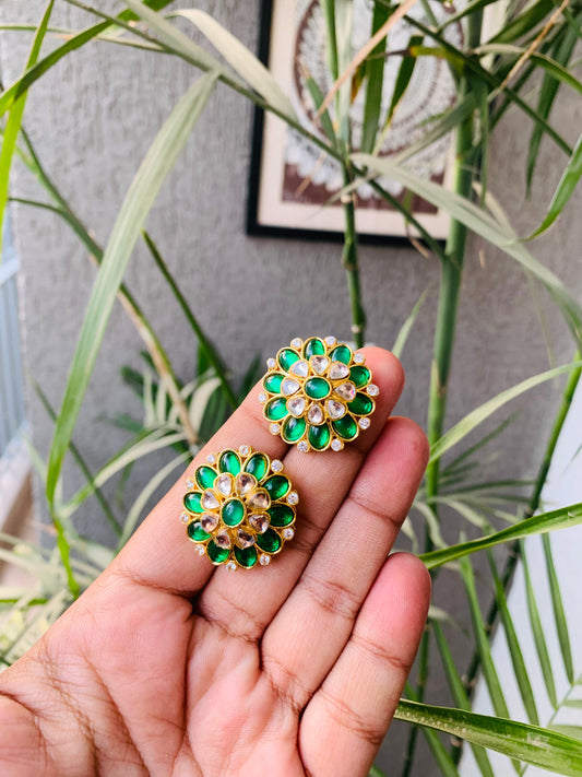 Gold Polish Emerald Green Flower Stud