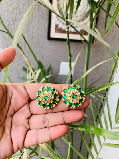Gold Polish Emerald Green Flower Stud