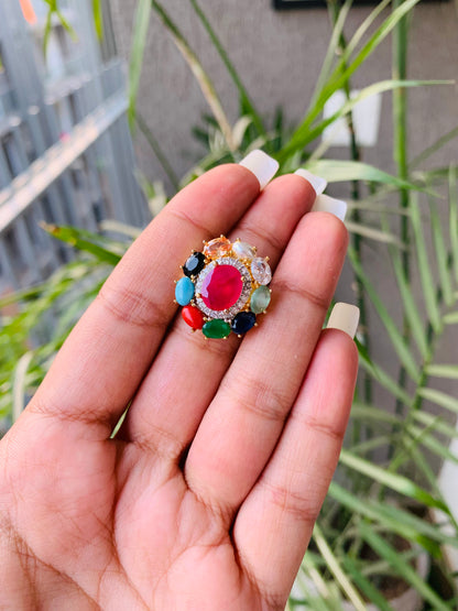 Golden Navratan Oval Ring