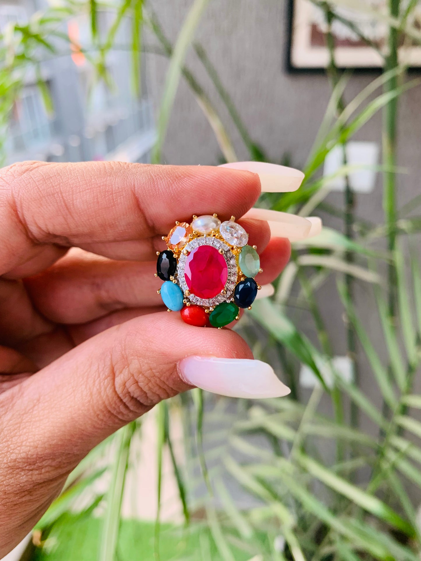 Golden Navratan Oval Ring