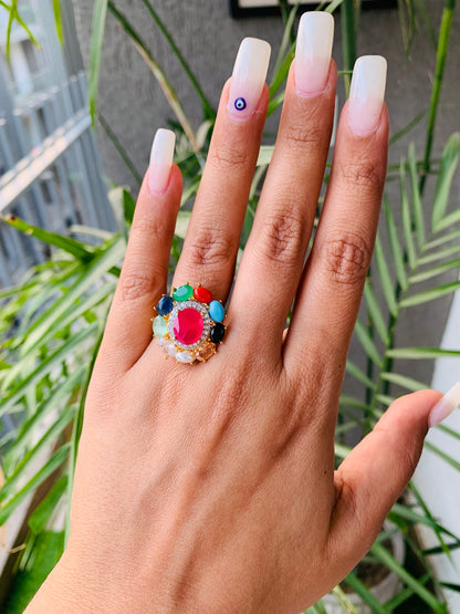 Golden Navratan Oval Ring