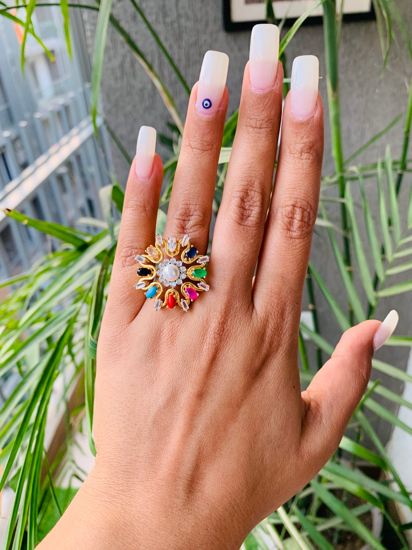 Golden Navratan Flower Ring