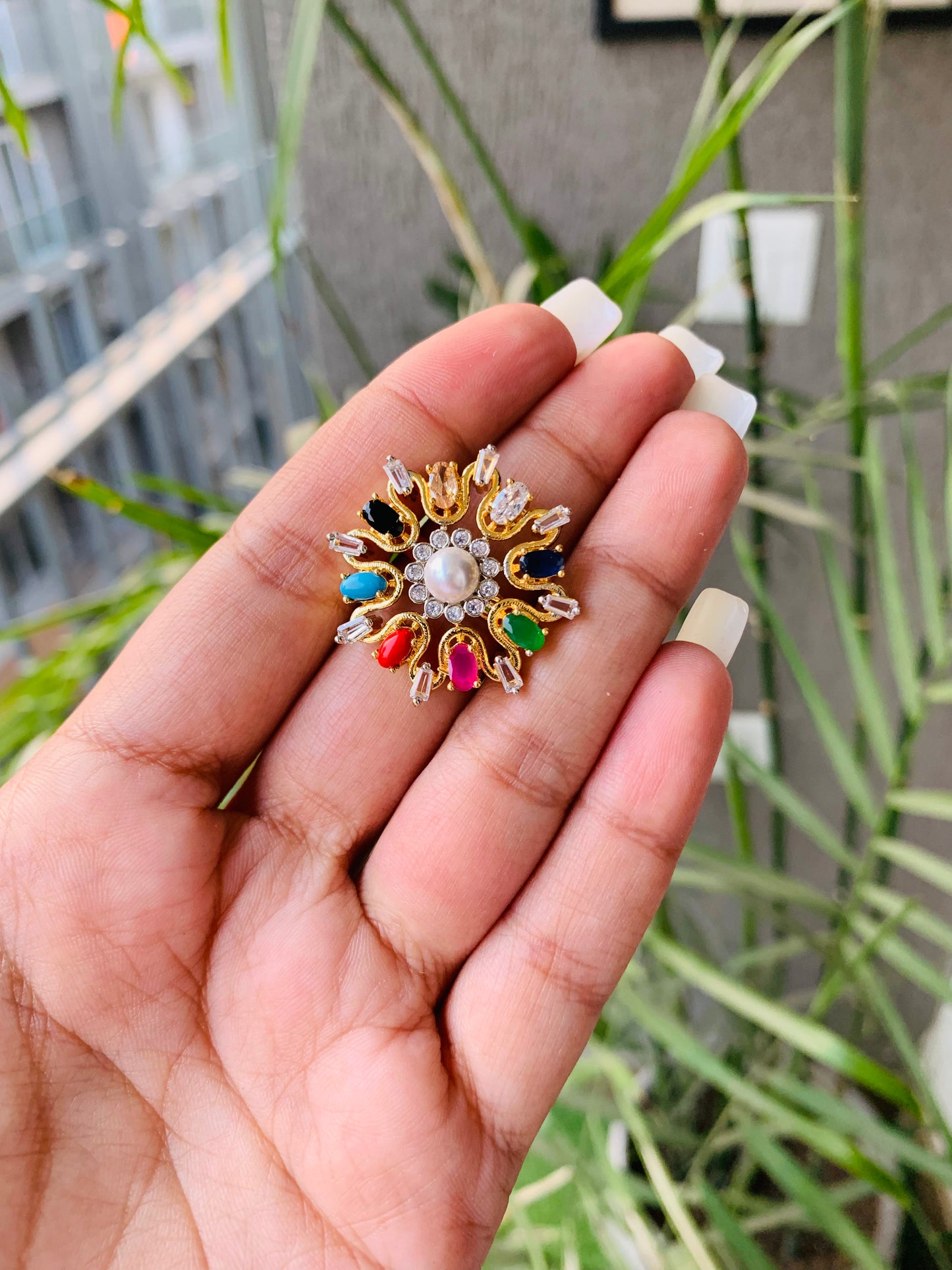 Golden Navratan Flower Ring