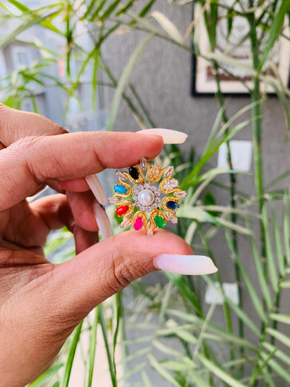 Golden Navratan Flower Ring