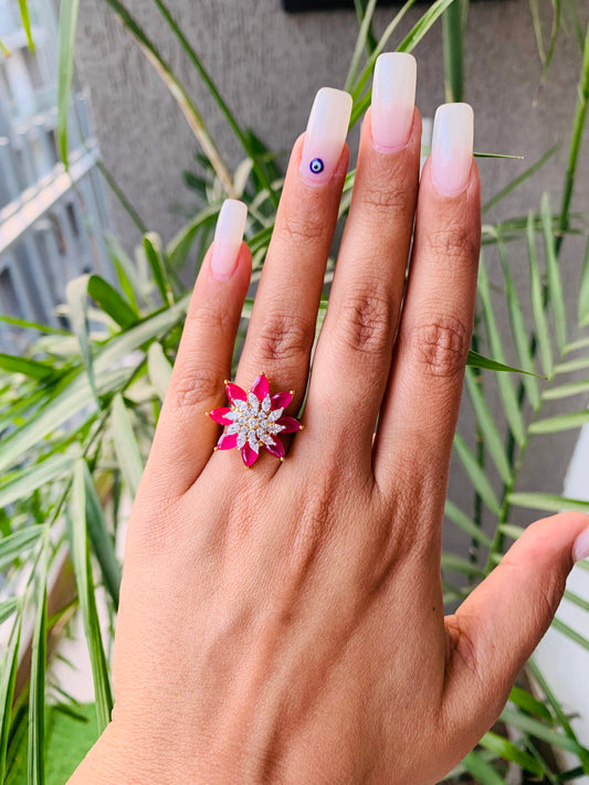 Golden Ruby Double Flower Ring