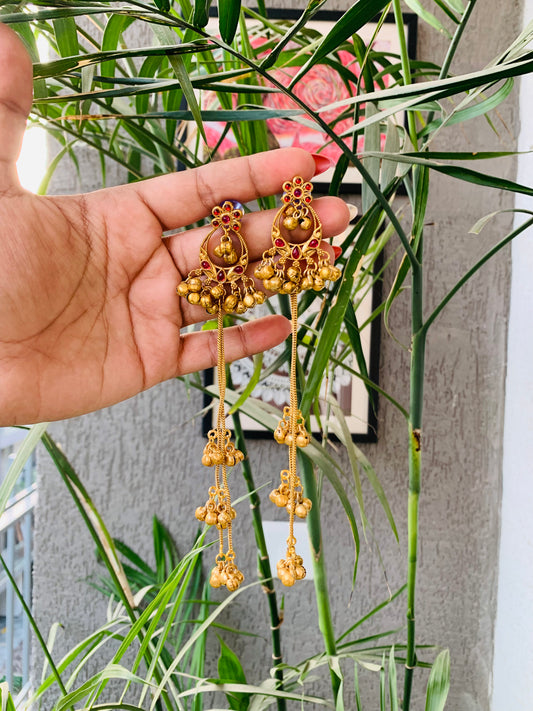 Kashmiri Ruby Golden Long Ghungroo Earrings