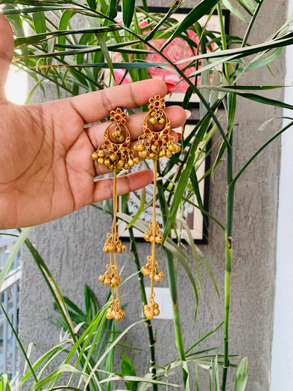 Kashmiri Ruby Golden Long Ghungroo Earrings