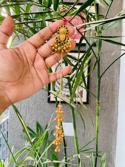 Kashmiri Emerald Green Golden Long Ghungroo Earrings