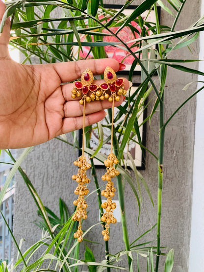Kashmiri Ruby Leaves Golden Long Ghungroo Earrings