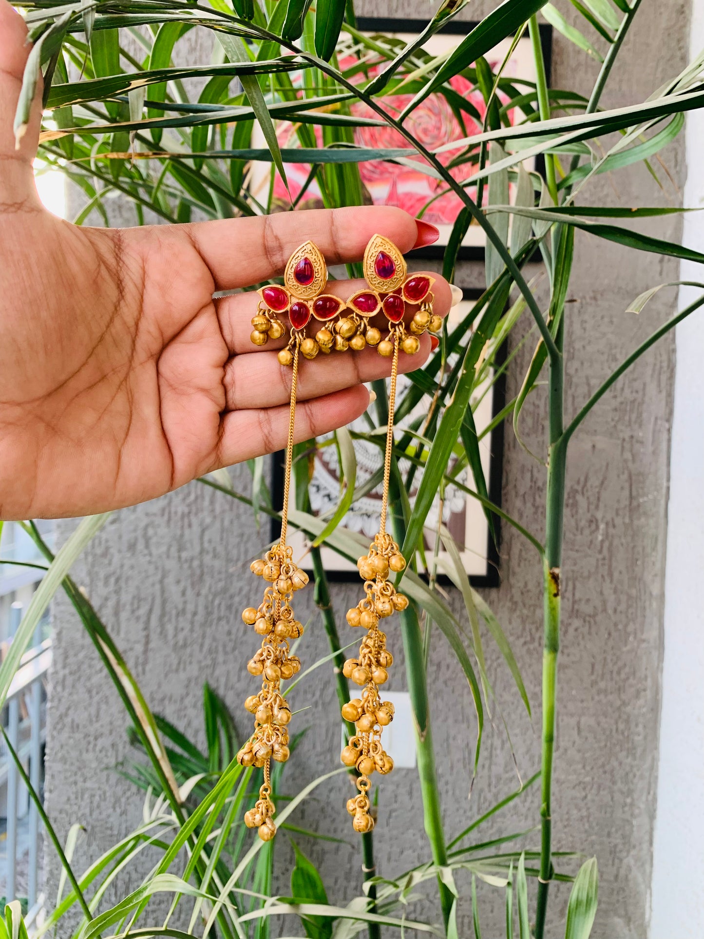 Kashmiri Ruby Leaves Golden Long Ghungroo Earrings