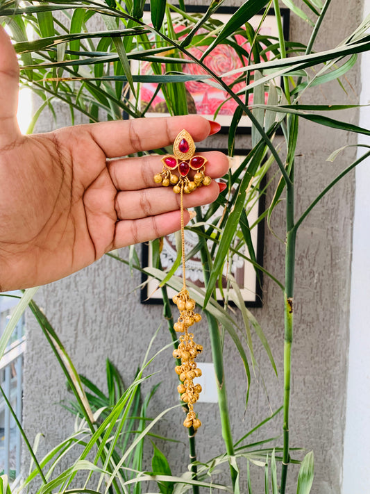 Kashmiri Ruby Leaves Golden Long Ghungroo Earrings